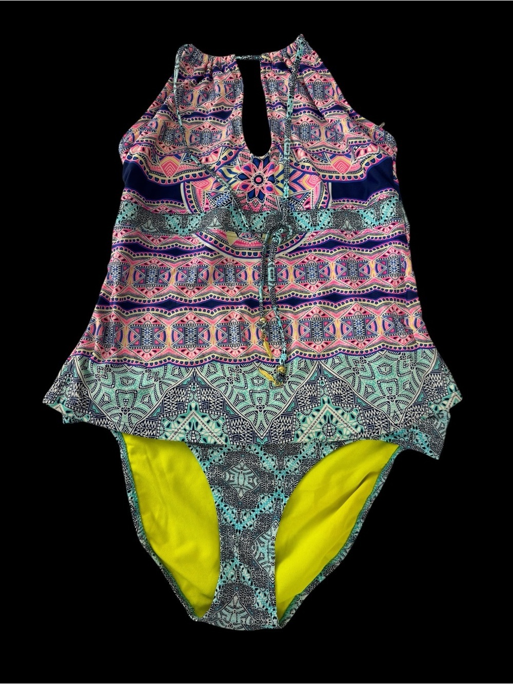 Jessica Simpson Pink, Navy & Lime Geometric Tankini Med top L Bottoms